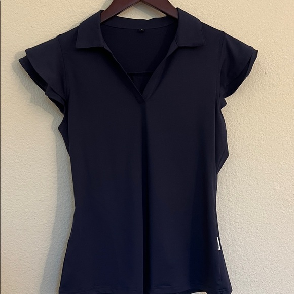 Soneven Small Navy Blue Golf Shirt, Subtle Ruffle Shoulder Detail - New, No Tags - Picture 1 of 8